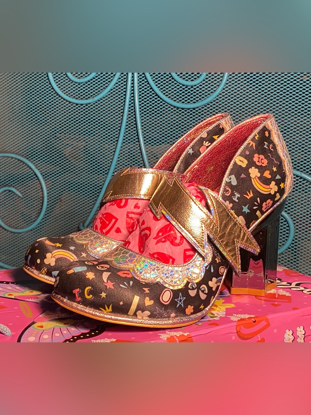 Irregular Choice RAINBOW THUNDER Mary Jane’s,lightening bolt straps/star heels 7